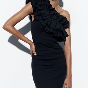 NWT Zara Black One-Shoulder Ruffle Dress! Size Small!